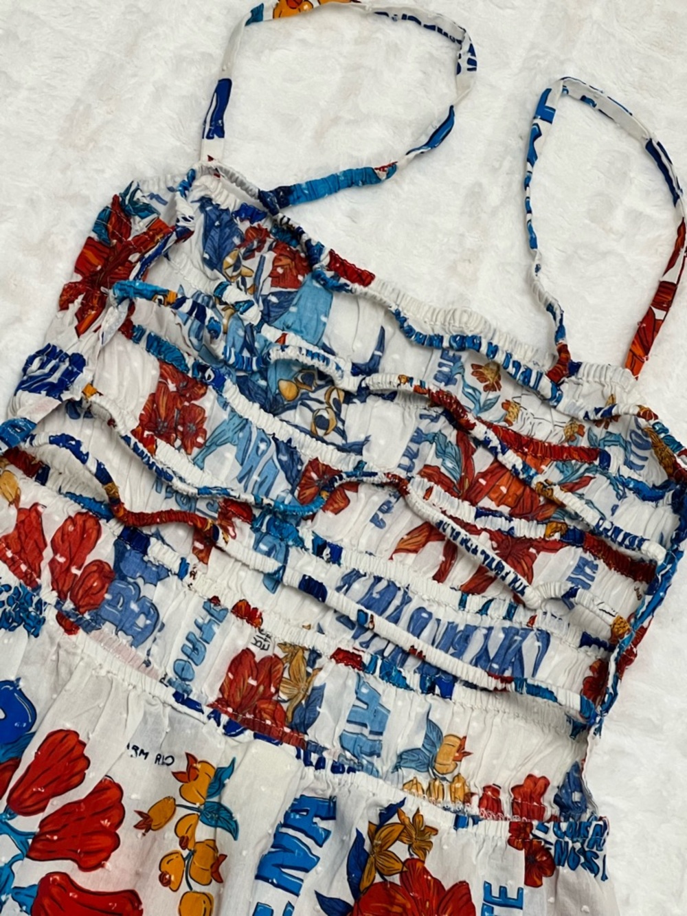 FARM RIO X Anthropologie White and Blue Cotton Floral Smocked Sundress size M - Picture 5 of 8